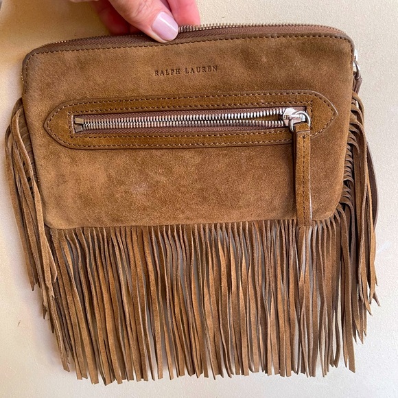 RALPH LAUREN Western Fringed Brown Suede Equestrian Clutch Wristlet Pockets NICE - Picture 4 of 10